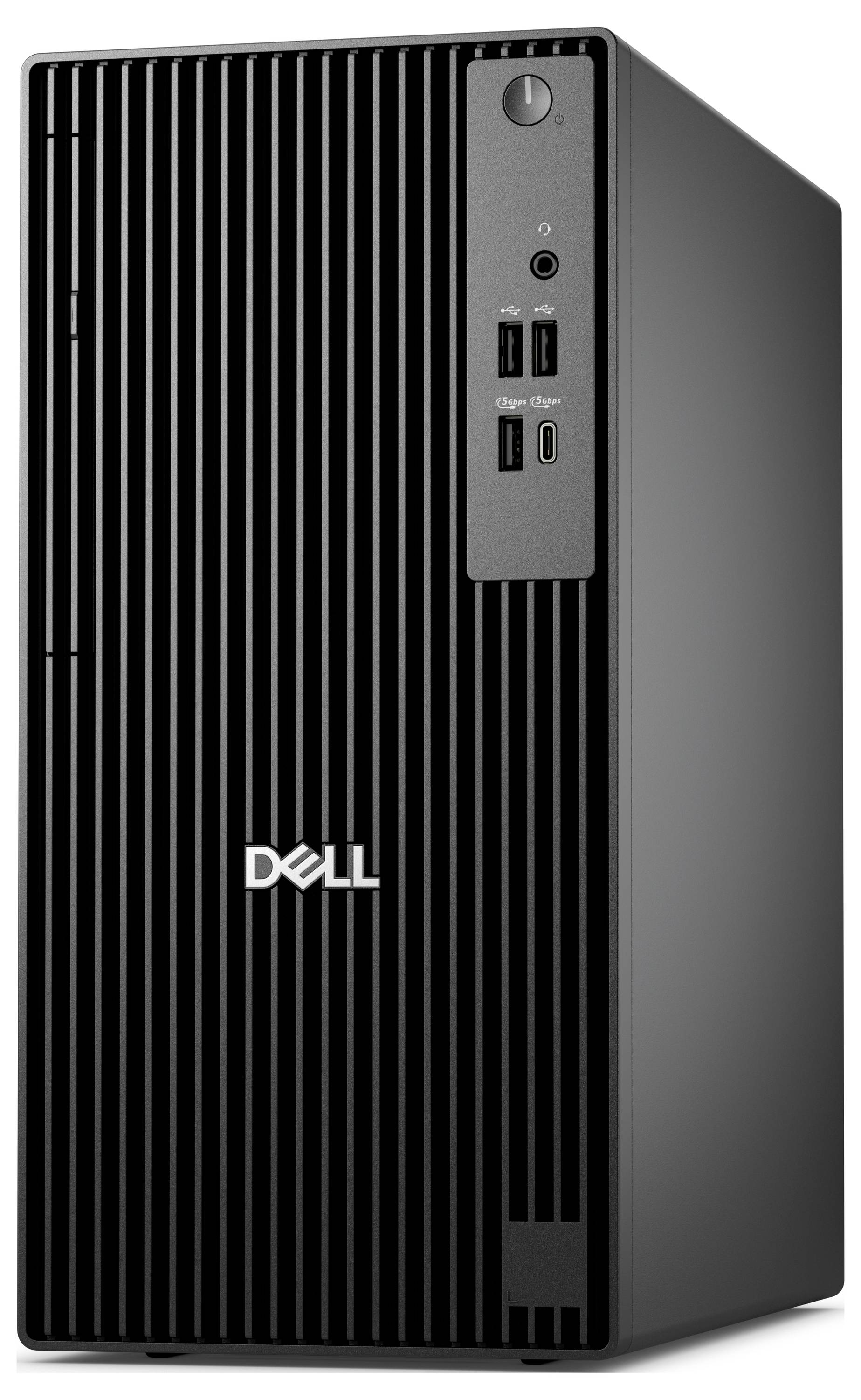 Un tour d'ordinateur de bureau Dell noir avec des rainures verticales, doté de ports USB et d'un bouton d'alimentation sur le panneau avant.