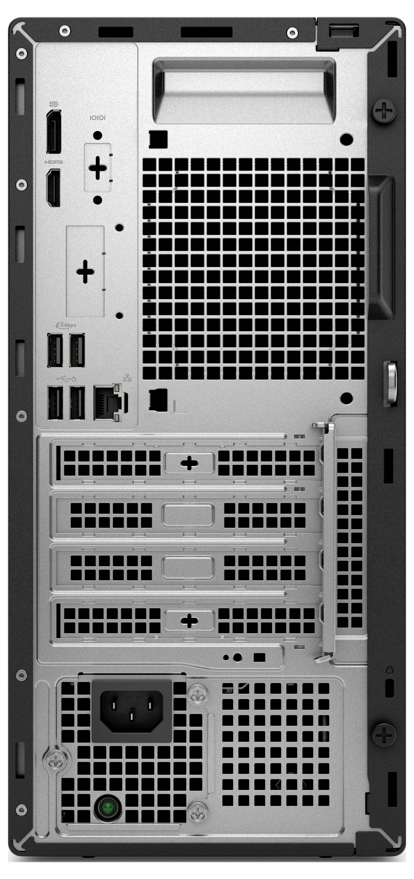 Vue arrière d'un boîtier d'ordinateur montrant les ports et emplacements pour connexions HDMI, USB et d'alimentation, ainsi que plusieurs emplacements d'extension.