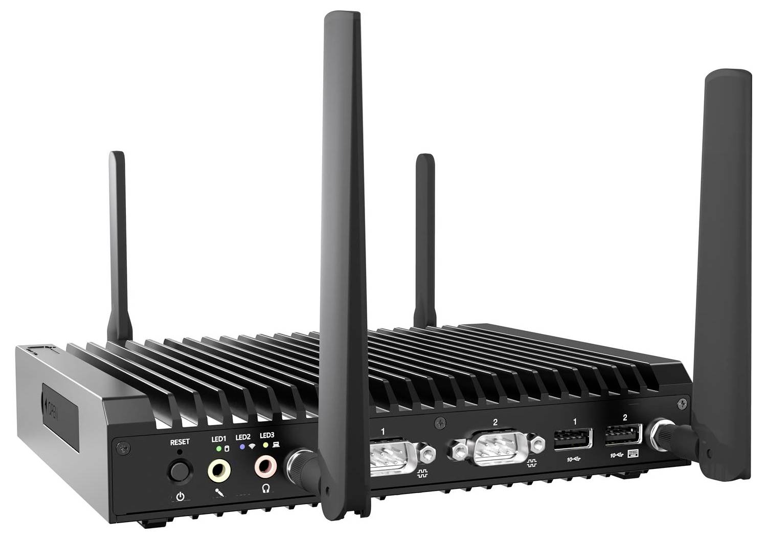 Un routeur sans fil noir avec quatre antennes et divers ports pour la connectivité. Il est doté de voyants LED, améliorant les capacités du réseau.