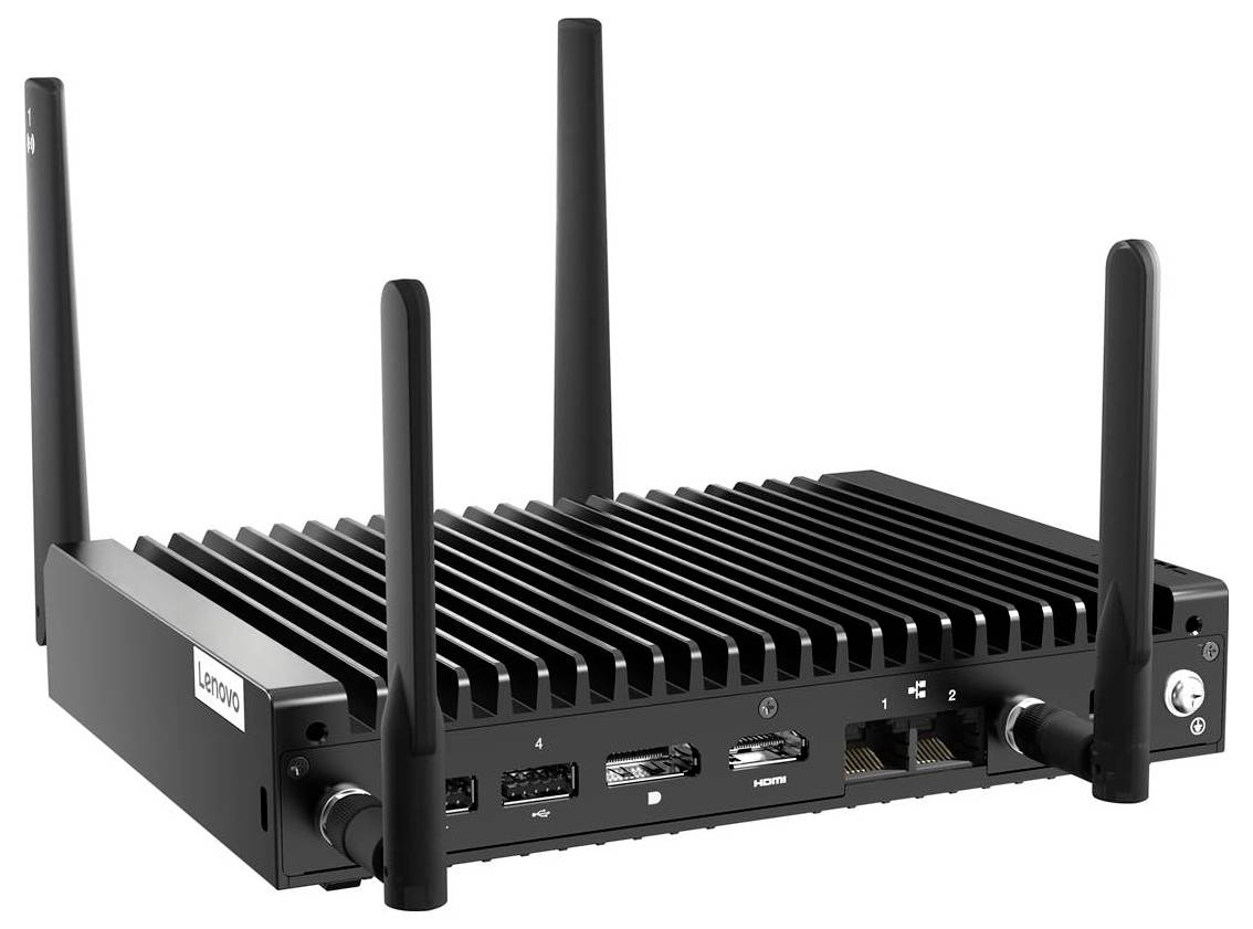 Un ordinateur Lenovo ThinkEdge SE50 avec ailettes de refroidissement, quatre antennes, ports HDMI, USB, Ethernet, bouton d'alimentation, conçu pour l'informatique de périphérie.