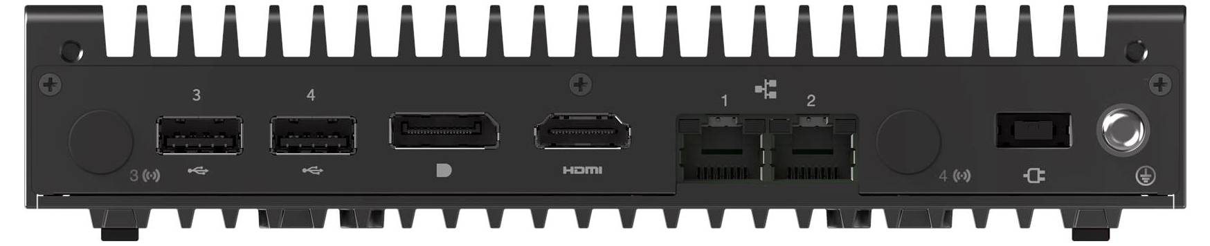 Un appareil noir avec plusieurs ports : deux ports USB, DisplayPort, HDMI, deux ports LAN, et un bouton d'alimentation, vu de l'arrière.