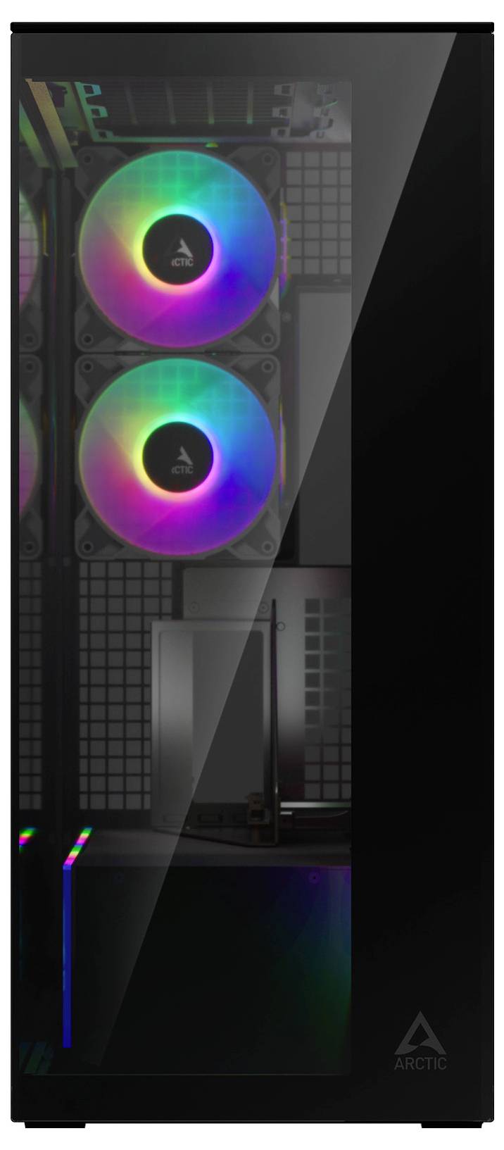 Une tour d'ordinateur de bureau noir avec un panneau latéral en verre affiche deux ventilateurs illuminés de plusieurs couleurs à l'intérieur, mettant en valeur ses composants internes.