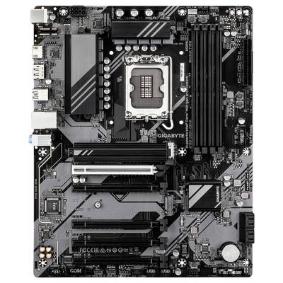 Une carte mère d'ordinateur équipée d'un socket CPU, de connecteurs de RAM, de slots PCIe et de divers connecteurs. La marque 'Gigabyte' est visible.