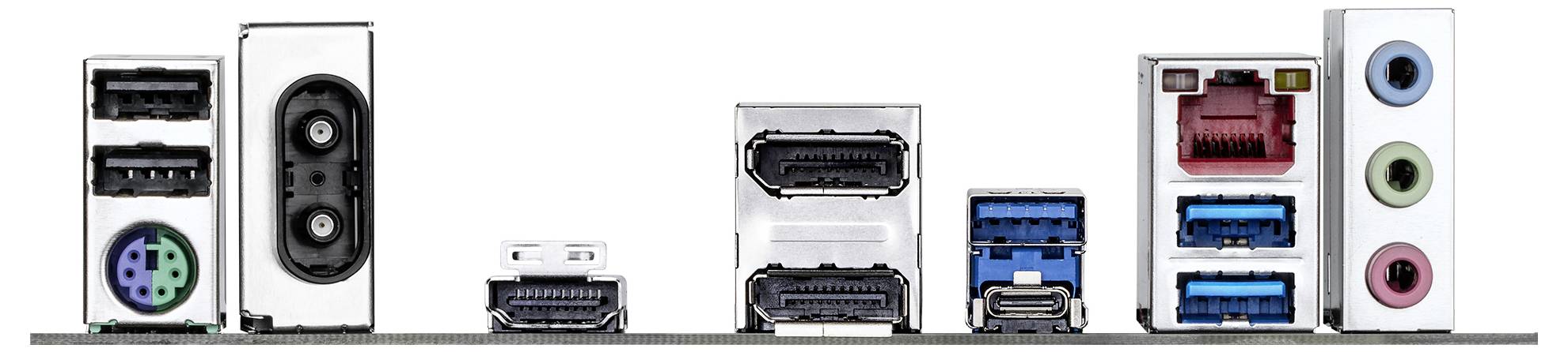 Une rangée de différents ports informatiques, comprenant des ports USB, Ethernet, des prises audio et un port VGA, vue depuis la perspective d'un panneau arrière.