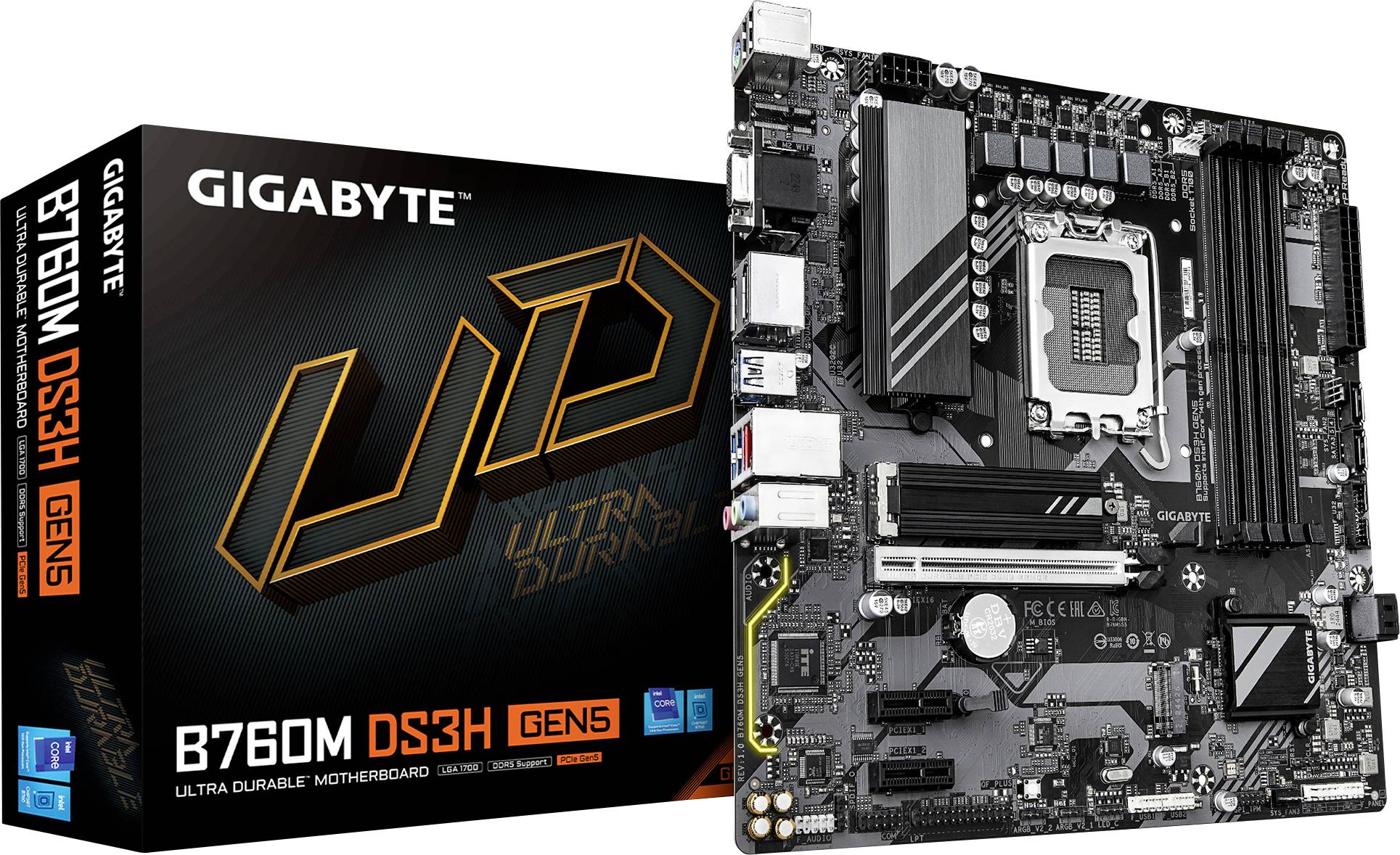 Carte mère GIGABYTE B760M DS3H Gen5 Ultra Durable présentée dans son emballage et en vue rapprochée, mettant en évidence les ports et les composants.