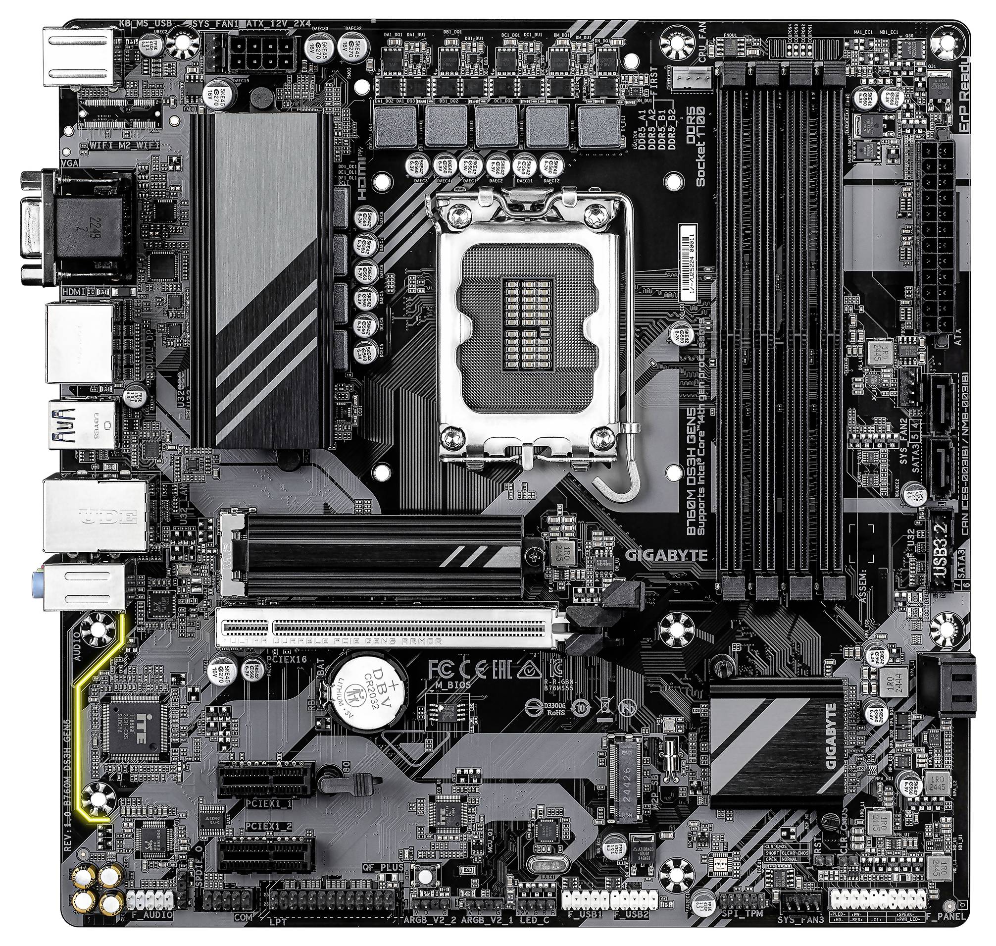Une carte mère d'ordinateur avec plusieurs emplacements pour RAM, extensions PCIe et circuits intégrés. Comprend des étiquettes telles que « GIGABYTE ».