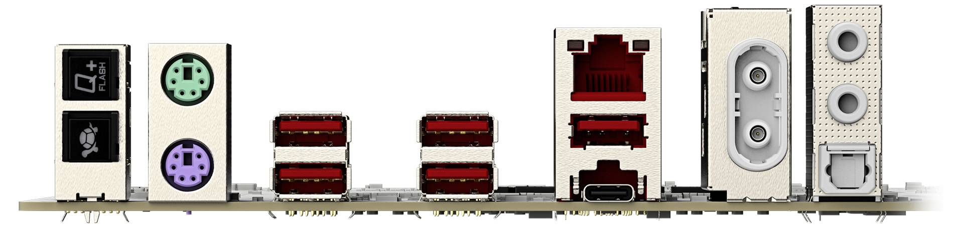 Panneau d'entrées/sorties de carte mère d'ordinateur avec plusieurs ports, comprenant PS/2, USB, Ethernet, connecteurs audio et options de connectivité HDMI.