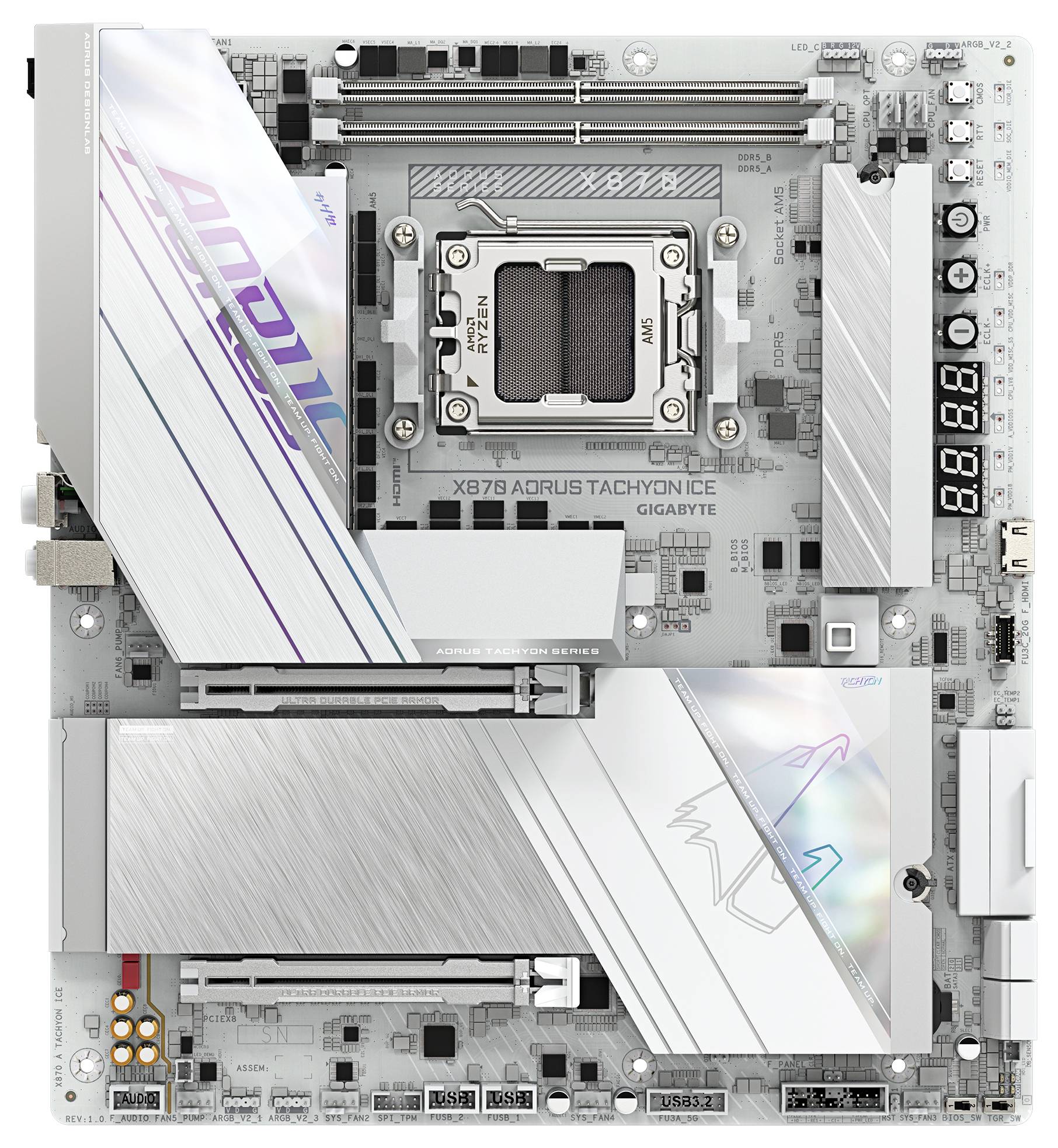 Une carte mère GIGABYTE argentée et blanche équipée d'un socket LGA 1700, de deux emplacements RAM, d'un panneau d'affichage numérique et de la marque AORUS.
