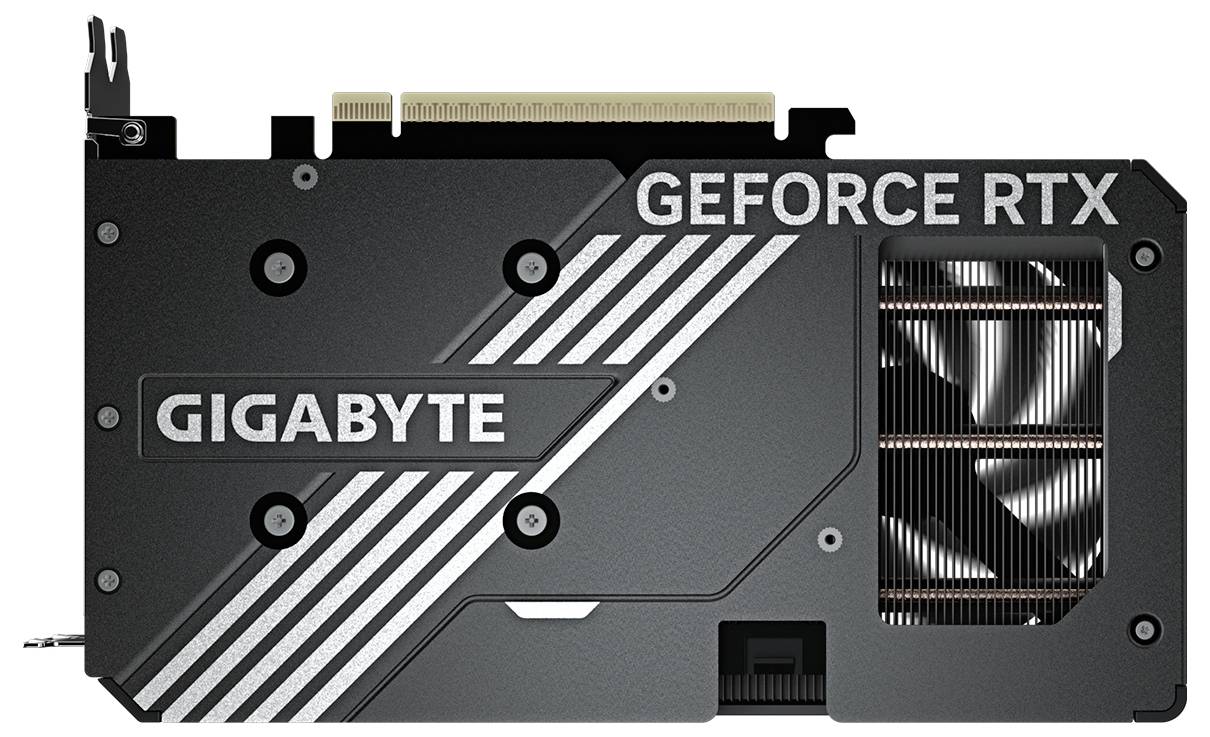 Carte graphique étiquetée 'GIGABYTE GEFORCE RTX' avec un ventilateur de refroidissement visible et un connecteur d'alimentation, indiquant un modèle hautes performances pour le gaming.