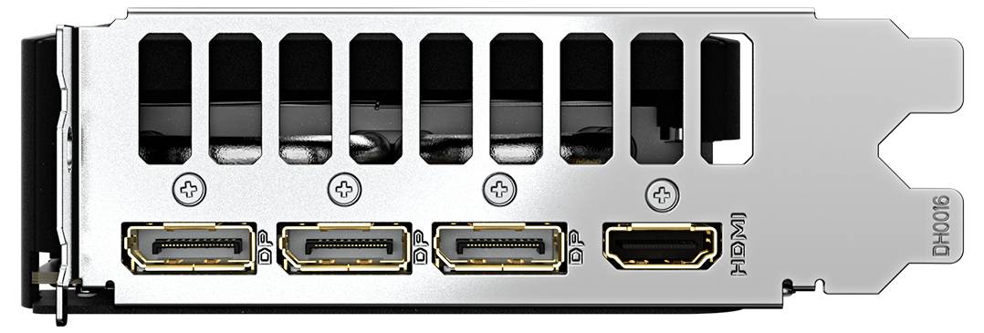 Une carte graphique avec des évents de refroidissement et des ports d'affichage, comprenant trois ports DisplayPort et un port HDMI, vue de l'arrière.