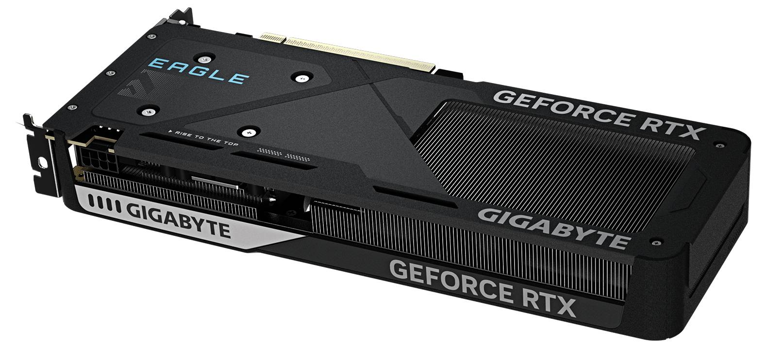 Une carte graphique Gigabyte GeForce RTX noire et grise avec la marque « Eagle », dotée de plusieurs ventilateurs de refroidissement et d'un design élégant.