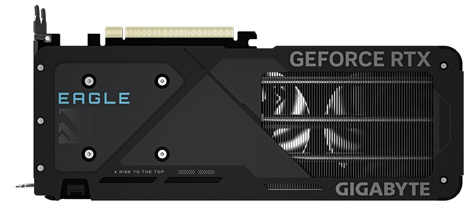 Une carte graphique étiquetée « Gigabyte GeForce RTX Eagle » est équipée d'un ventilateur et d'un dissipateur thermique. Elle est conçue pour des calculs informatiques haute performance.