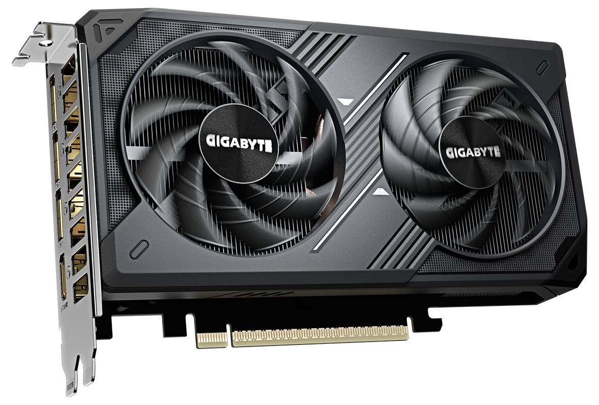 Une carte graphique avec deux ventilateurs, portant l'étiquette « GIGABYTE », présentant plusieurs ports de sortie et un connecteur PCIe, positionnée en angle sur un fond blanc.
