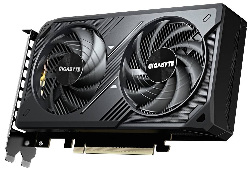 Une carte graphique équipée de deux ventilateurs de refroidissement portant l'étiquette « GIGABYTE », conçue pour améliorer les performances graphiques de l'ordinateur.