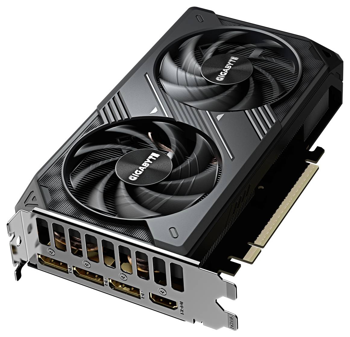 Une carte graphique noire avec deux ventilateurs étiquetés « GIGABYTE », présentant plusieurs ports de sortie pour la connectivité.