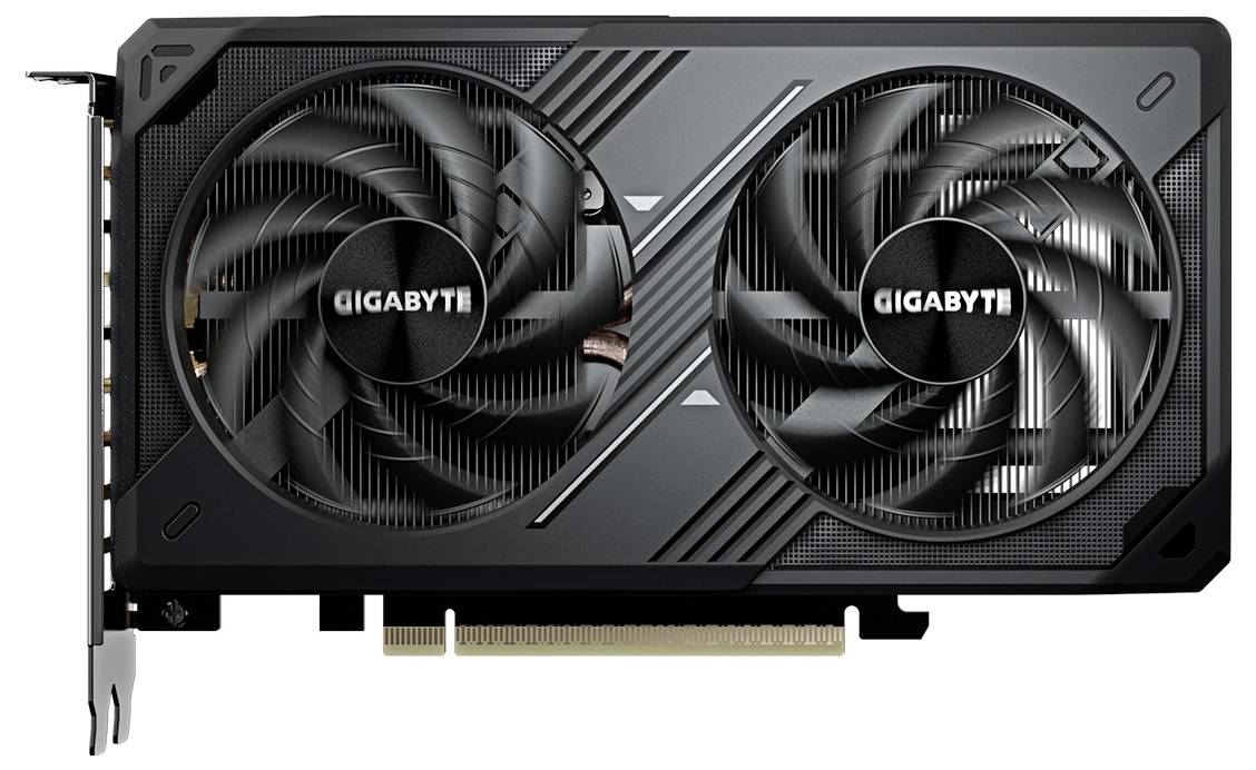 Une carte graphique noire avec deux ventilateurs et la marque 'GIGABYTE' imprimée sur eux, conçue pour l'informatique et les jeux vidéo.