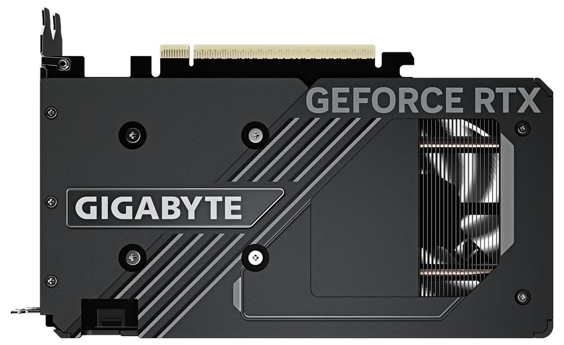 Une carte graphique noire Gigabyte arborant la marque 'GEFORCE RTX', avec un dissipateur thermique visible et un design strié, vue de dos.