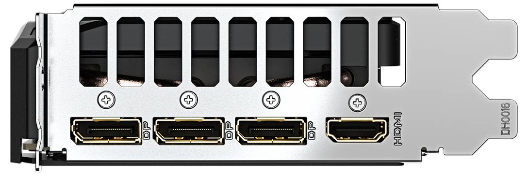 Un panneau arrière de carte graphique avec un connecteur HDMI et trois connecteurs DisplayPort.
