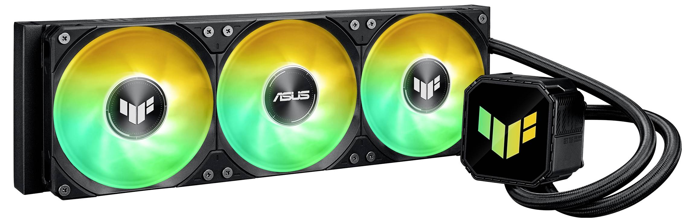 Un refroidisseur liquide RGB ASUS TUF Gaming à triple ventilateur, avec des ventilateurs illuminés en jaune et vert, conçu pour un refroidissement avancé de PC.