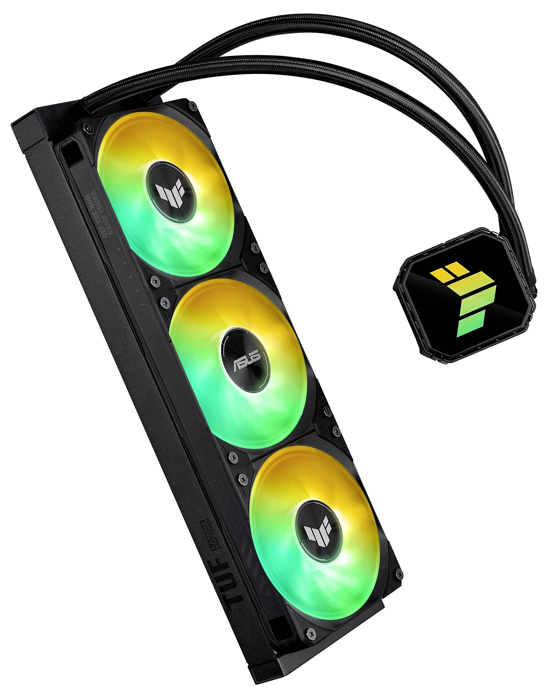 Refroidisseur liquide pour processeur avec trois ventilateurs RGB et marquage 'TUF Gaming' sur le radiateur et le bloc de pompe, conçu pour un refroidissement haute performance.