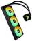 Refroidisseur liquide pour processeur avec trois ventilateurs RGB et marquage 'TUF Gaming' sur le radiateur et le bloc de pompe, conçu pour un refroidissement haute performance.