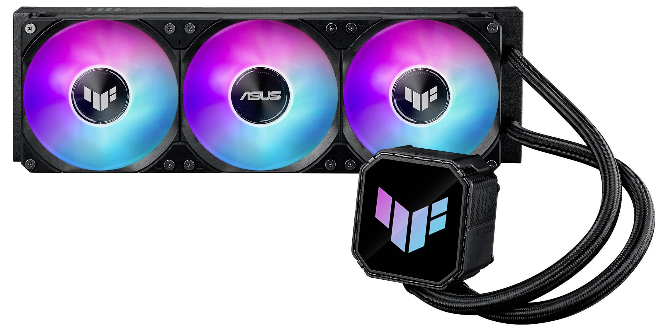 Un refroidisseur liquide pour CPU avec trois ventilateurs éclairés RVB et une pompe arborant le logo TUF Gaming d'ASUS.