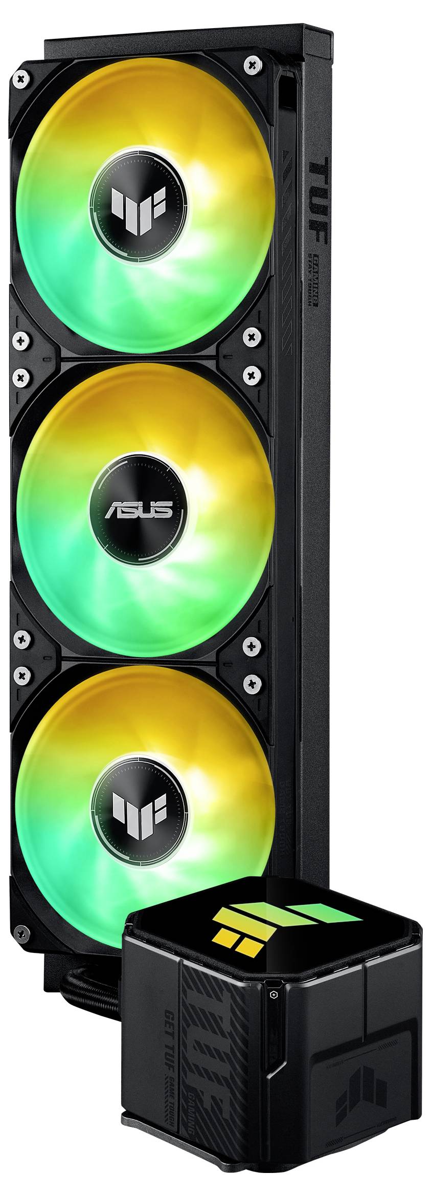 Système de refroidissement pour ordinateur avec trois ventilateurs LED en jaune et vert, étiquetés 'ASUS' et 'TUF Gaming', à côté d'un bloc de refroidissement.