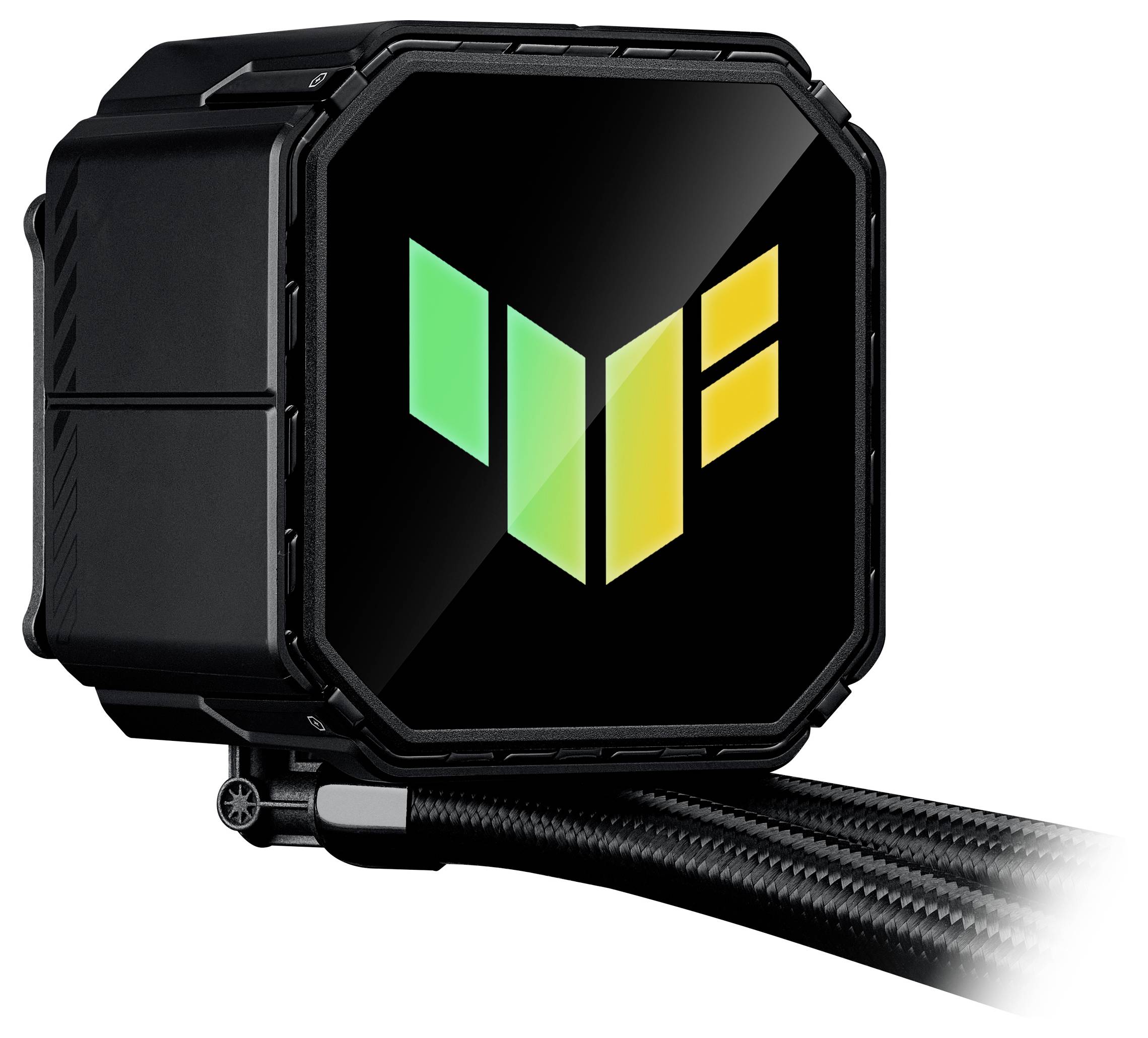 Un appareil électronique noir avec un logo coloré composé de trois formes vertes et jaunes sur une surface réfléchissante, relié à des câbles tressés.
