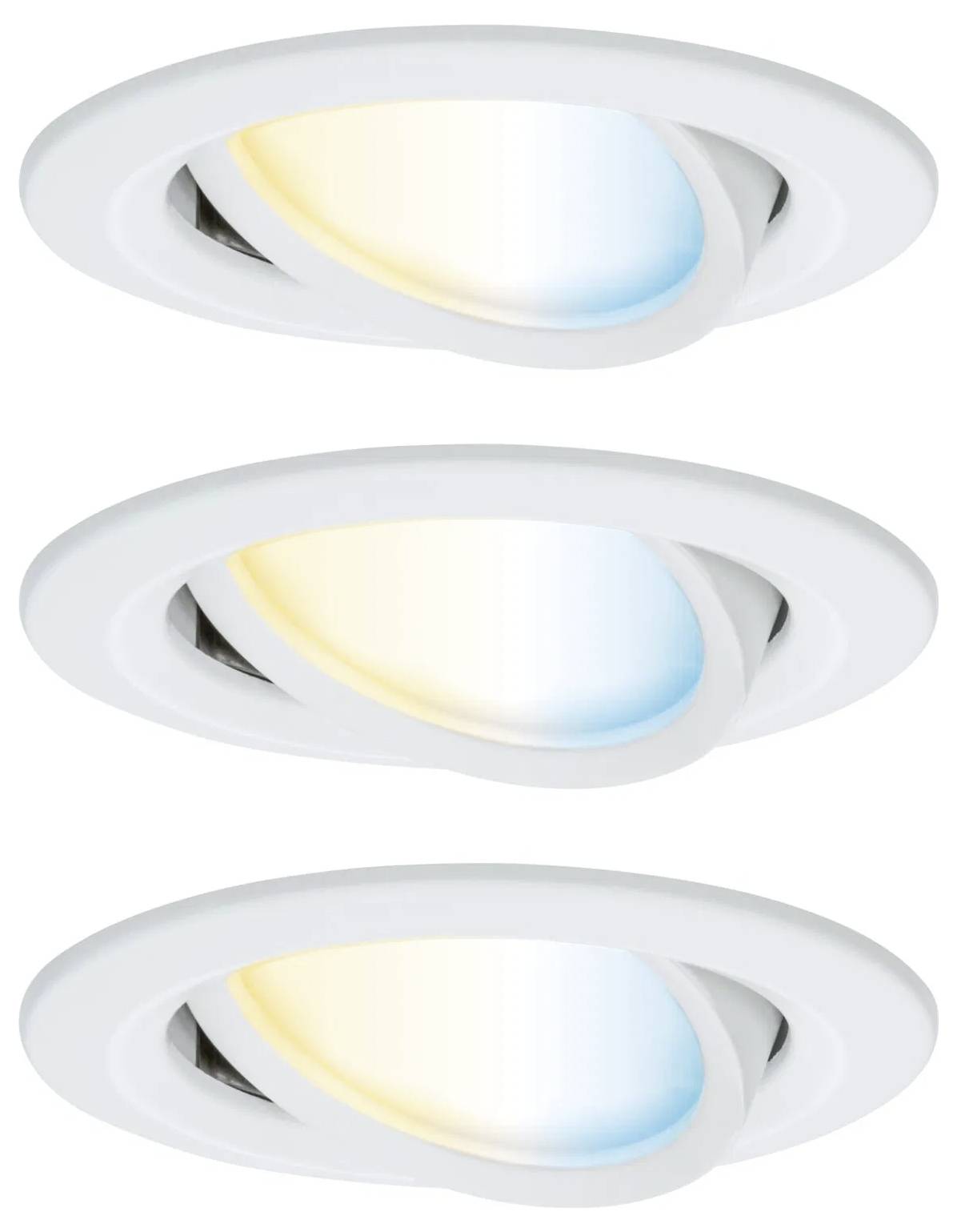 Trois spots encastrés dans des cadres blancs, chacun émettant une lumière de couleur différente : jaune chaleureux, bleu doux, et une combinaison des deux.