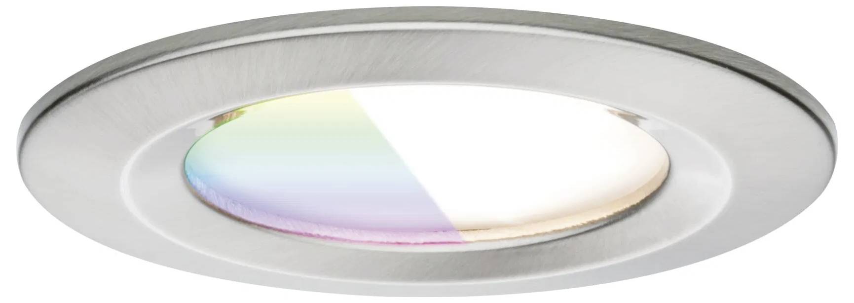 Un luminaire LED de plafond circulaire doté d'un cadre métallique élégant, présentant un dégradé de couleurs sur sa lentille, suggérant qu'il peut changer de teintes.