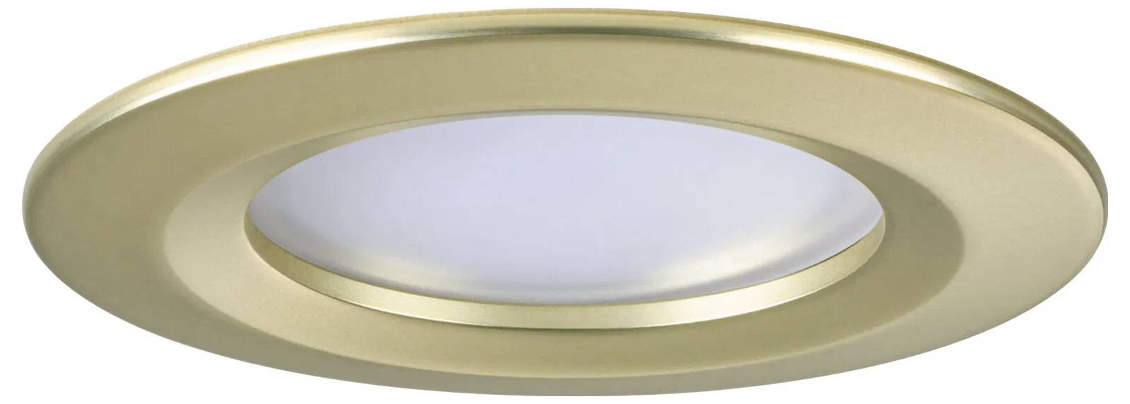 Un luminaire encastré rond de couleur or avec un diffuseur en verre dépoli au centre.