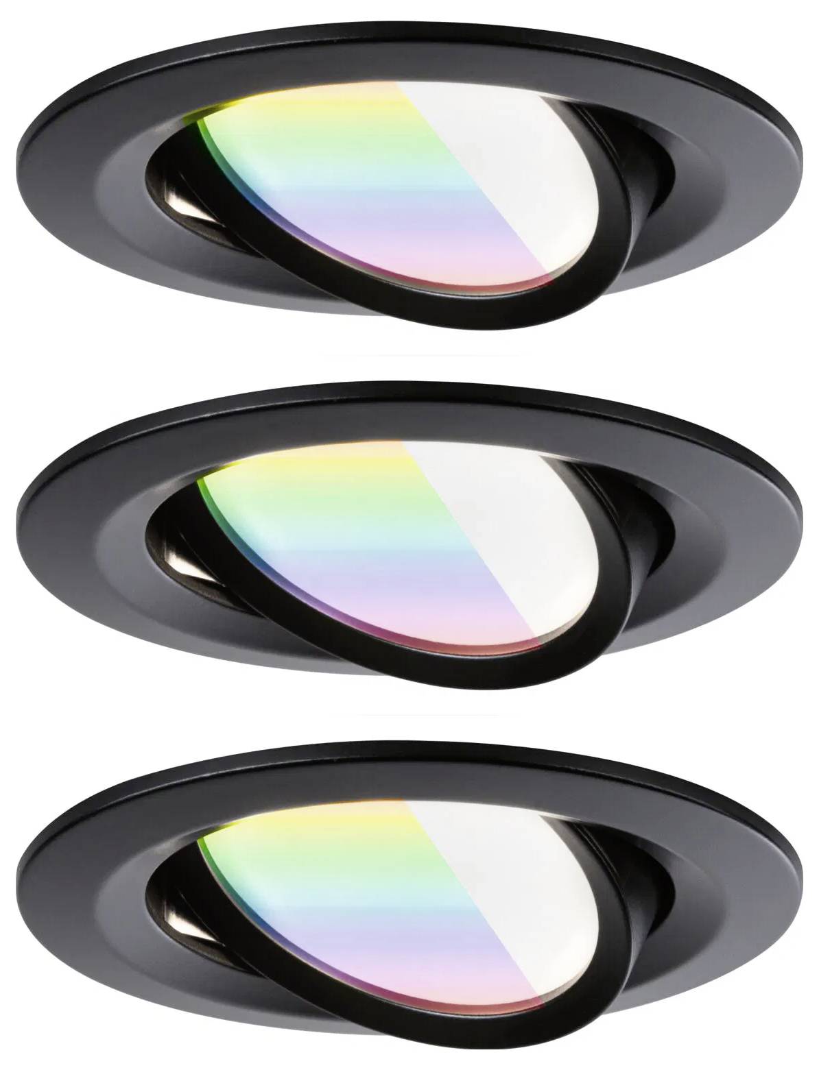 Trois spots encastrés au plafond noirs et réglables, avec un reflet arc-en-ciel sur l'objectif, positionnés verticalement en ligne.