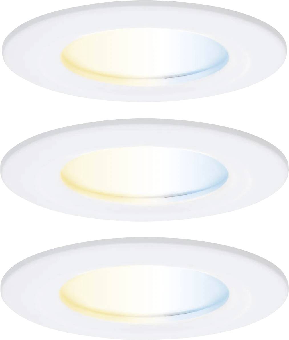 Trois luminaires encastrés au plafond montrant différentes températures de couleur : jaune chaud en haut, bleu froid au milieu et blanc neutre en bas.