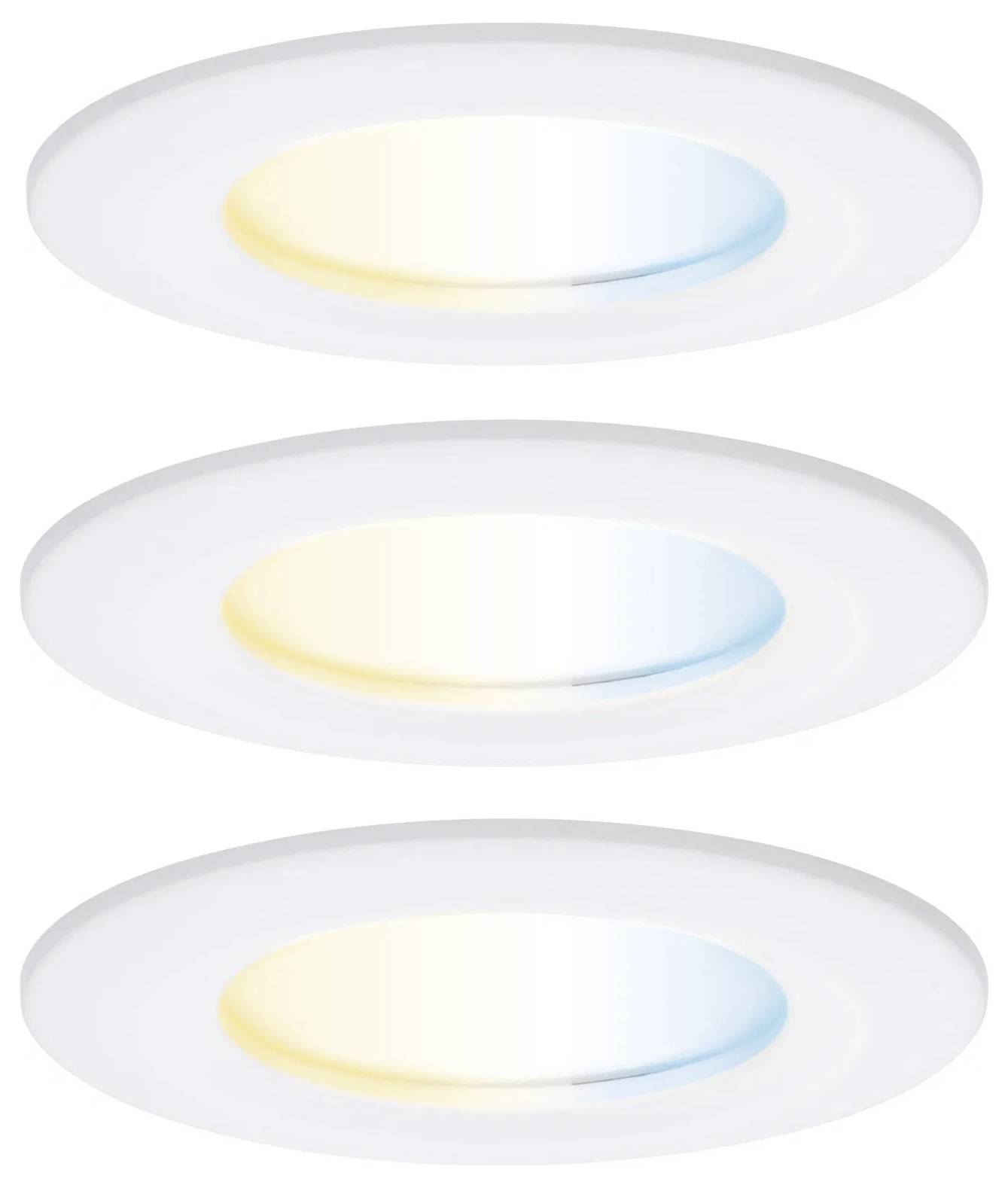 Trois luminaires encastrés au plafond sont présentés, chacun montrant différentes températures de couleur allant du blanc chaud au blanc froid.