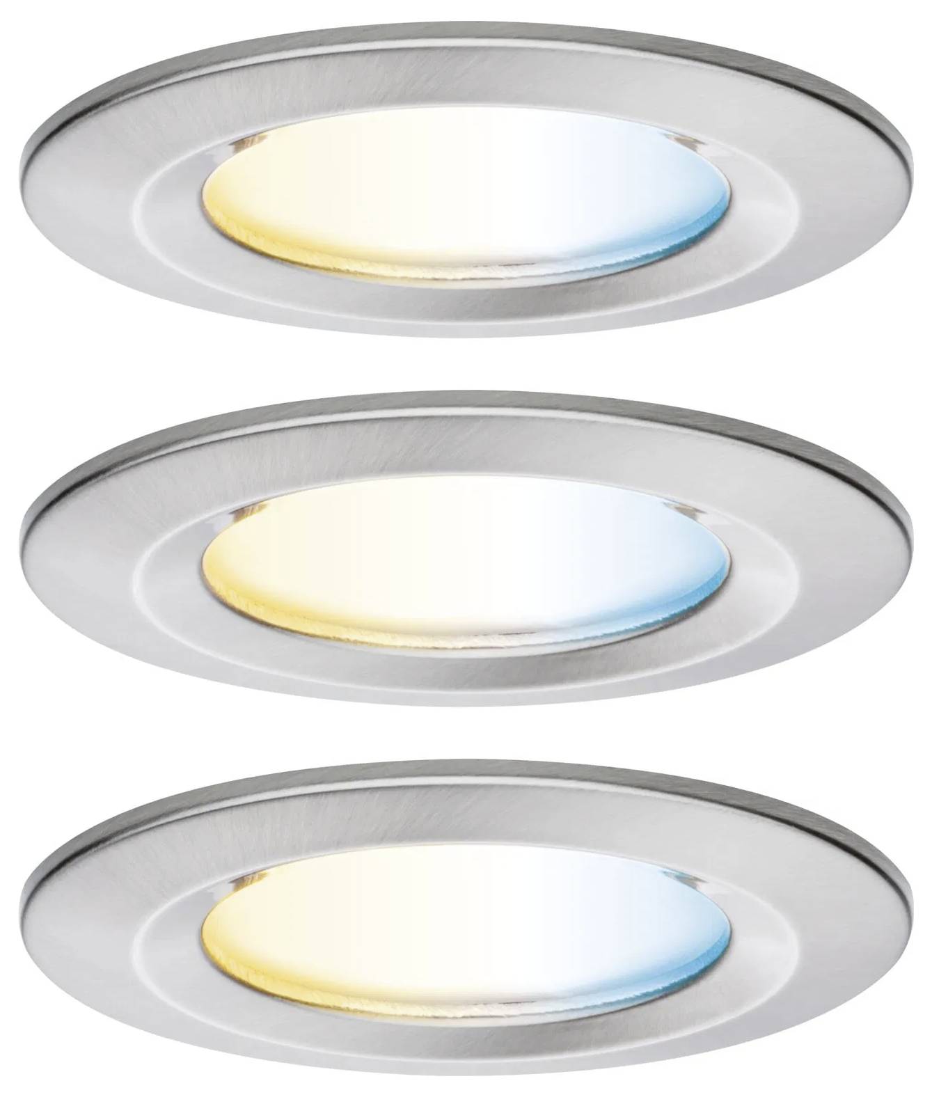 Trois plafonniers à LED circulaires avec bordures métalliques, illustrant différentes températures de couleur : blanc chaud, blanc froid et blanc neutre.