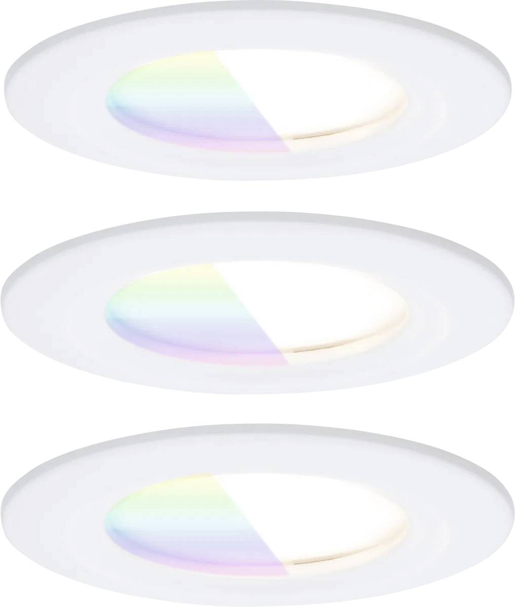 Trois luminaires ronds et blancs fixés au plafond, présentant des reflets arc-en-ciel sur la moitié de chaque luminaire, disposés verticalement dans une composition simple.