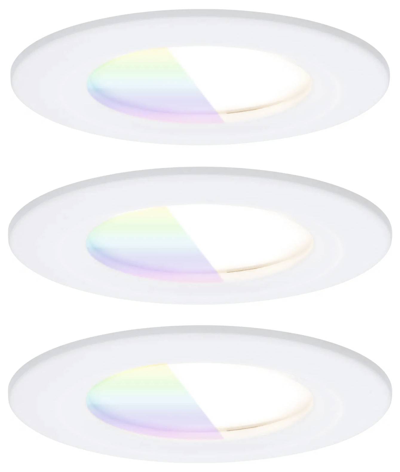 Trois luminaires encastrés circulaires avec un effet dégradé arc-en-ciel sur la moitié de la surface de chaque luminaire.