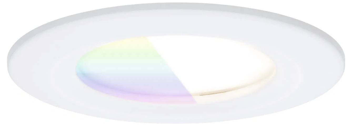 Un luminaire de plafond LED moderne et circulaire avec un cadre blanc diffuse une lueur douce présentant un dégradé de couleurs comprenant du bleu, du vert et du rose.