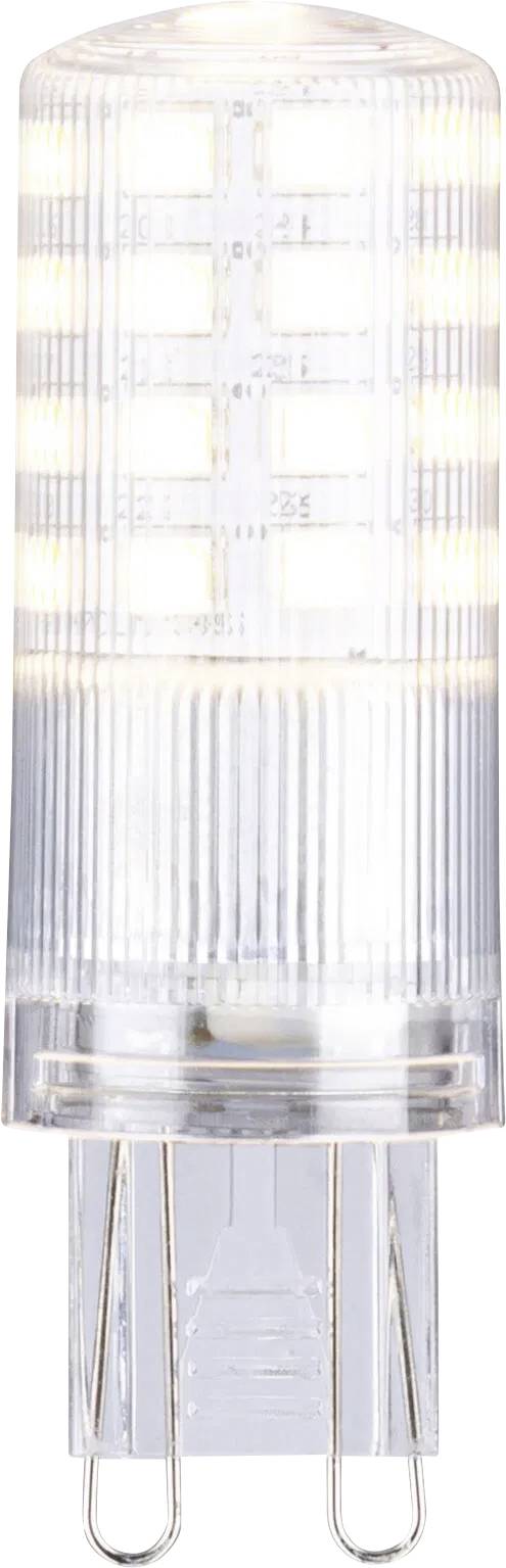 Une ampoule LED transparente de forme cylindrique, dotée de broches métalliques à la base, conçue pour un éclairage lumineux et efficace.