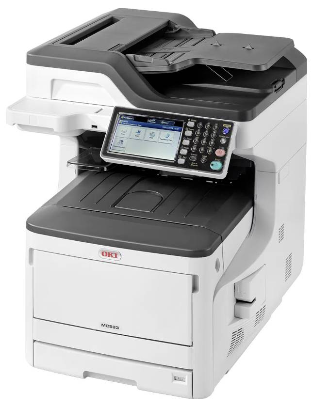 Une imprimante multifonction blanche avec un écran tactile, un panneau de commande et un bac à papier, conçue pour une utilisation bureautique.