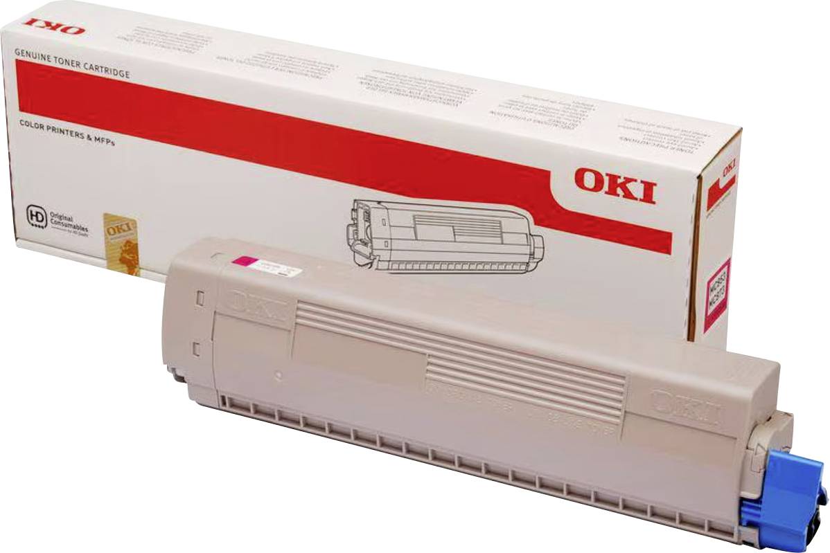Cartouche de toner et emballage pour imprimantes et multifonctions couleur OKI, présentant une cartouche beige et un carton de marque avec les détails du produit.