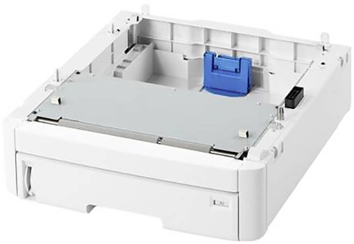 Plateau à papier d'imprimante blanc avec un composant en plastique bleu, conçu pour contenir et alimenter le papier dans une imprimante.