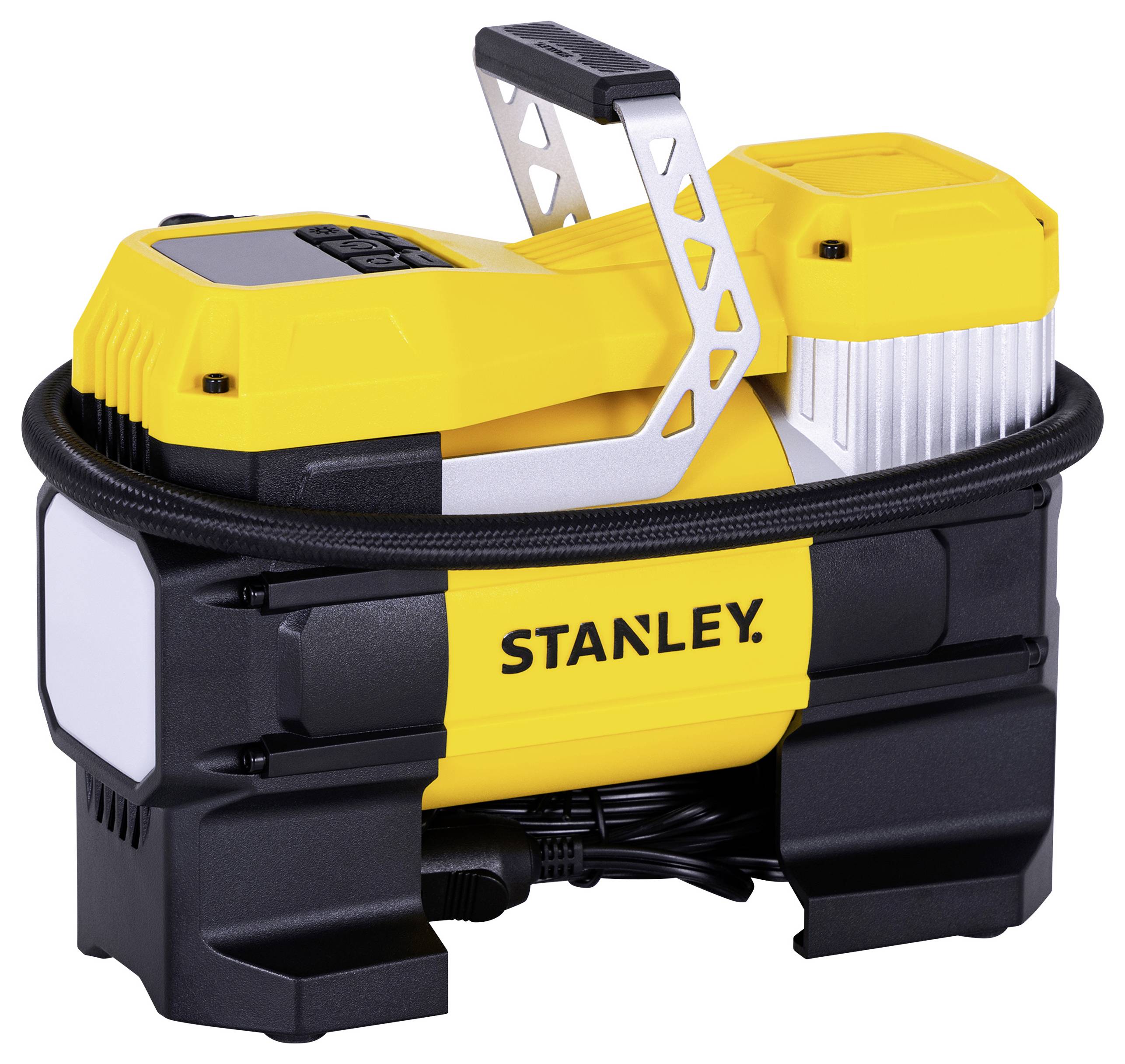 Compresseur d'air de marque « Stanley » de couleur jaune et noir avec poignée, tuyau enroulé autour, et design compact conçu pour une utilisation portable.