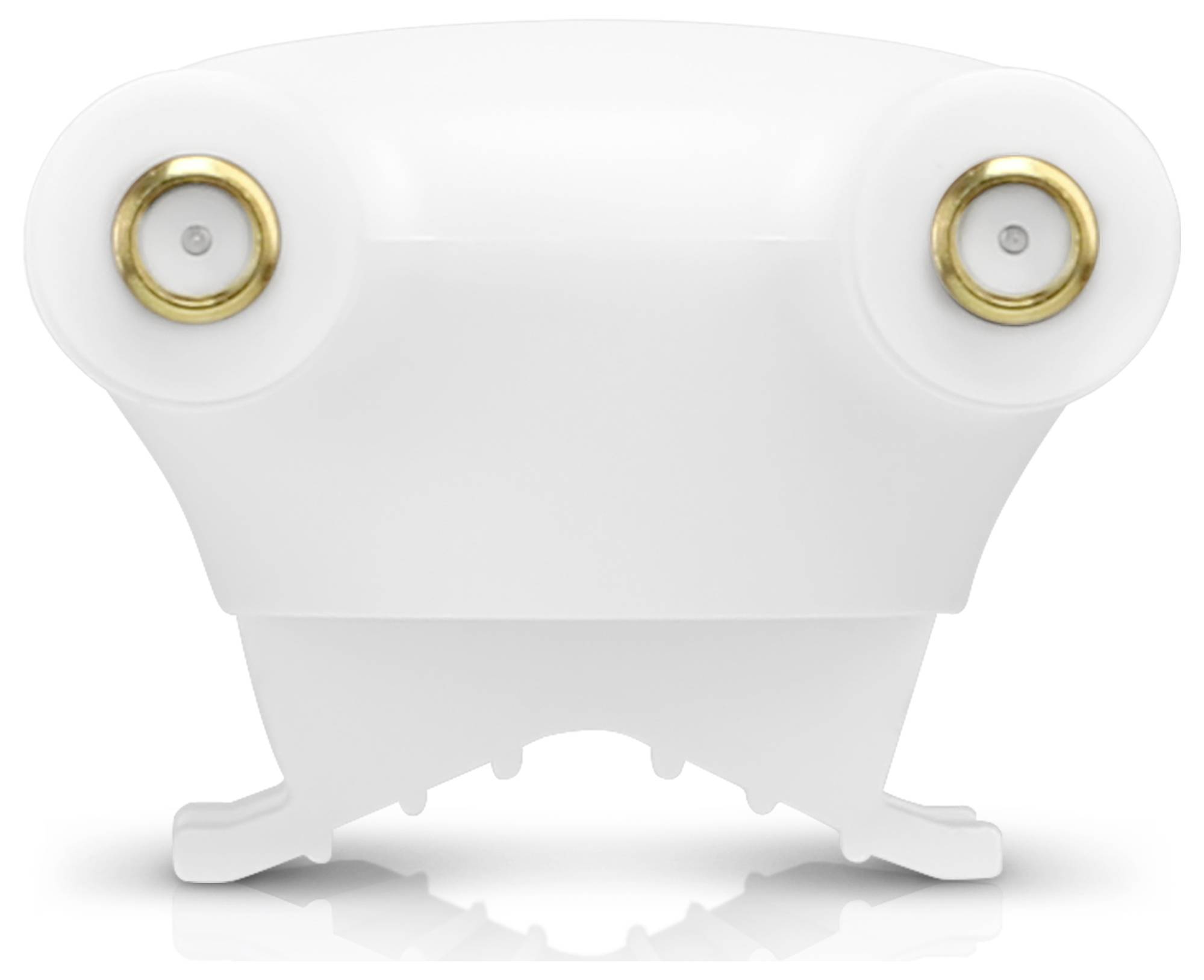 Un support de montage en plastique blanc avec deux contacts métalliques circulaires, conçu pour l'installation sécurisée d'un composant spécifique.