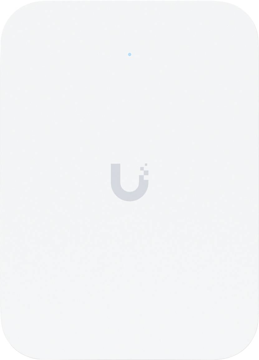 Point d'accès sans fil rectangulaire blanc avec un petit voyant LED bleu sur le dessus et un logo gris en forme de 'U' au centre.