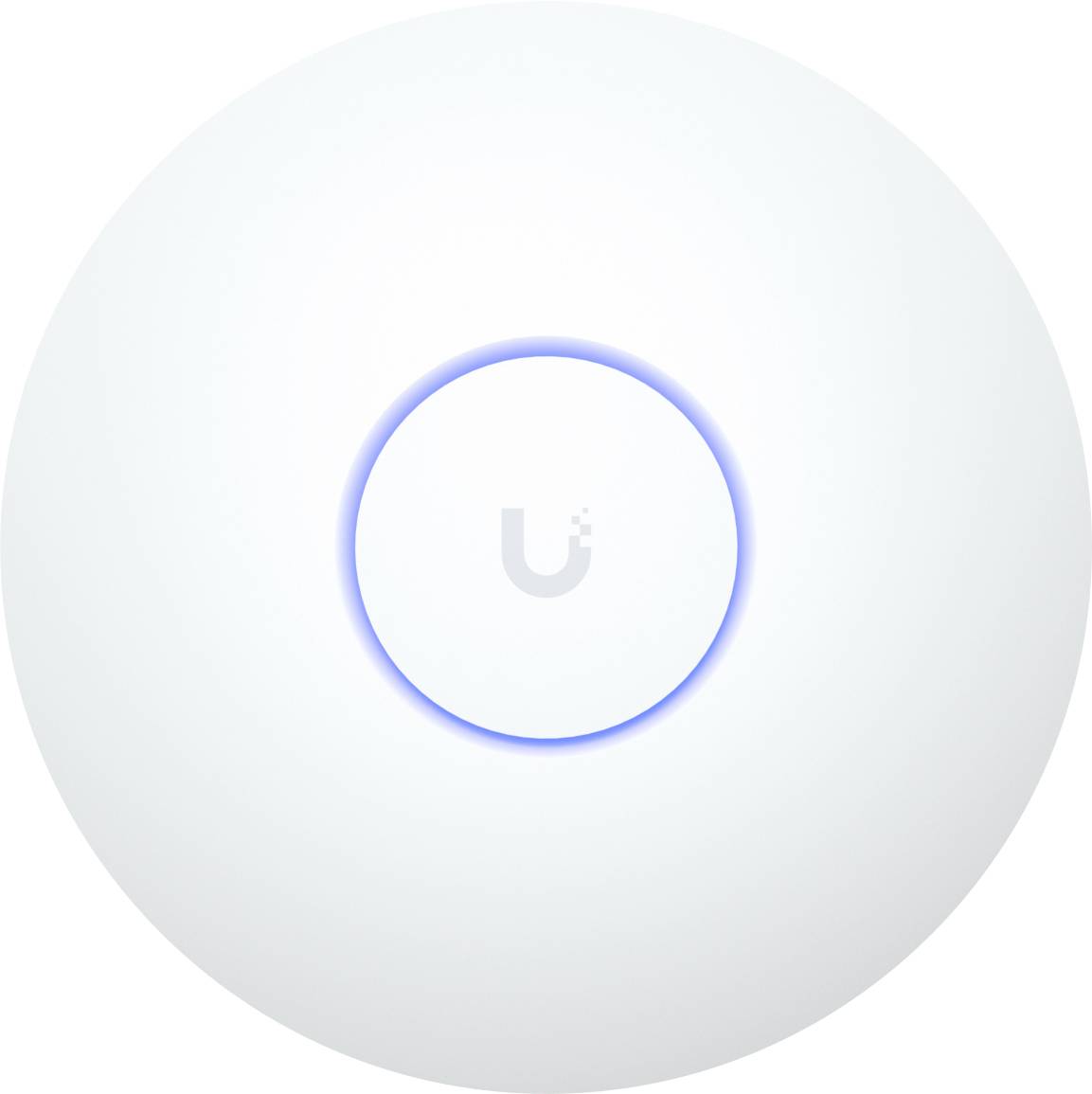 Un point d'accès Wi-Fi rond, blanc, avec une petite lumière bleue au centre. La lettre « U » est affichée sur l'appareil.