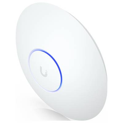 Un point d'accès sans fil élégant, circulaire, doté d'un anneau lumineux bleu, conçu pour être installé au plafond ou sur les murs afin d'étendre la couverture Wi-Fi.