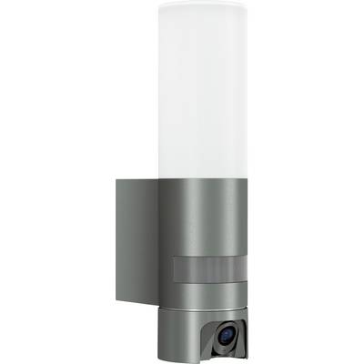 Une caméra de sécurité extérieure moderne et cylindrique avec un luminaire, de couleur argent et dotée d'un sommet givré.