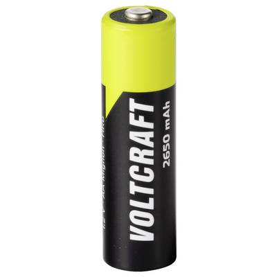 Une batterie Volcraft 2650 mAh jaune et noire présentée à la verticale, avec le nom de marque imprimé verticalement sur l'étiquette.