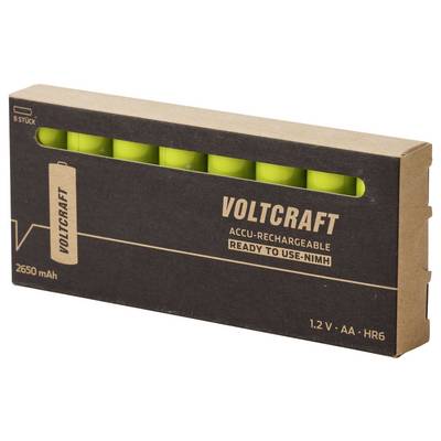 Boîte de 8 piles AA rechargeables NiMH Voltcraft, étiquetées 2650 mAh et 1,2 V, avec des cellules vertes visibles à travers la fenêtre.